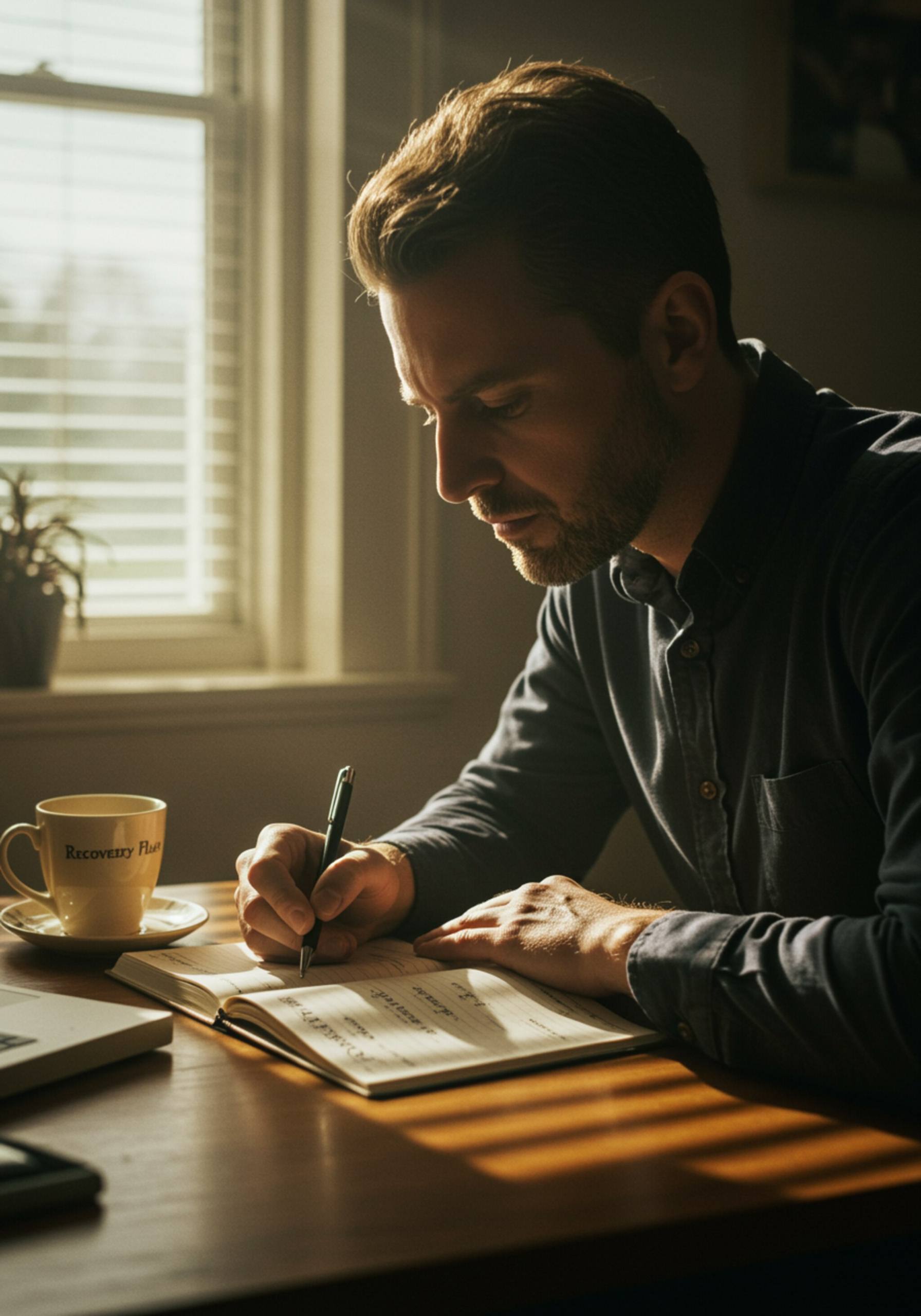 "Cliente masculino blanco escribiendo en un diario titulado 'Plan de Recuperación' con una taza de té, simbolizando la auto-reflexión en el tratamiento de adicciones con luz matutina."