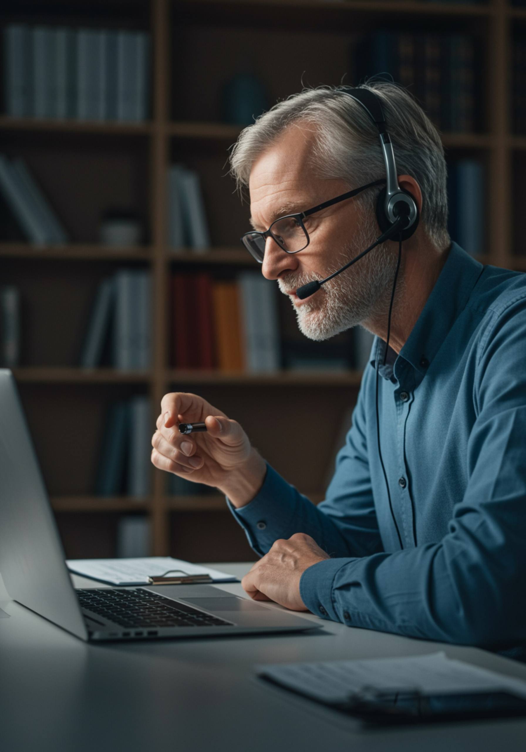 "Consejero blanco hablando por webcam con auriculares, en laptop, fondo de estantería difusa, ambiente profesional de terapia online para adicciones."