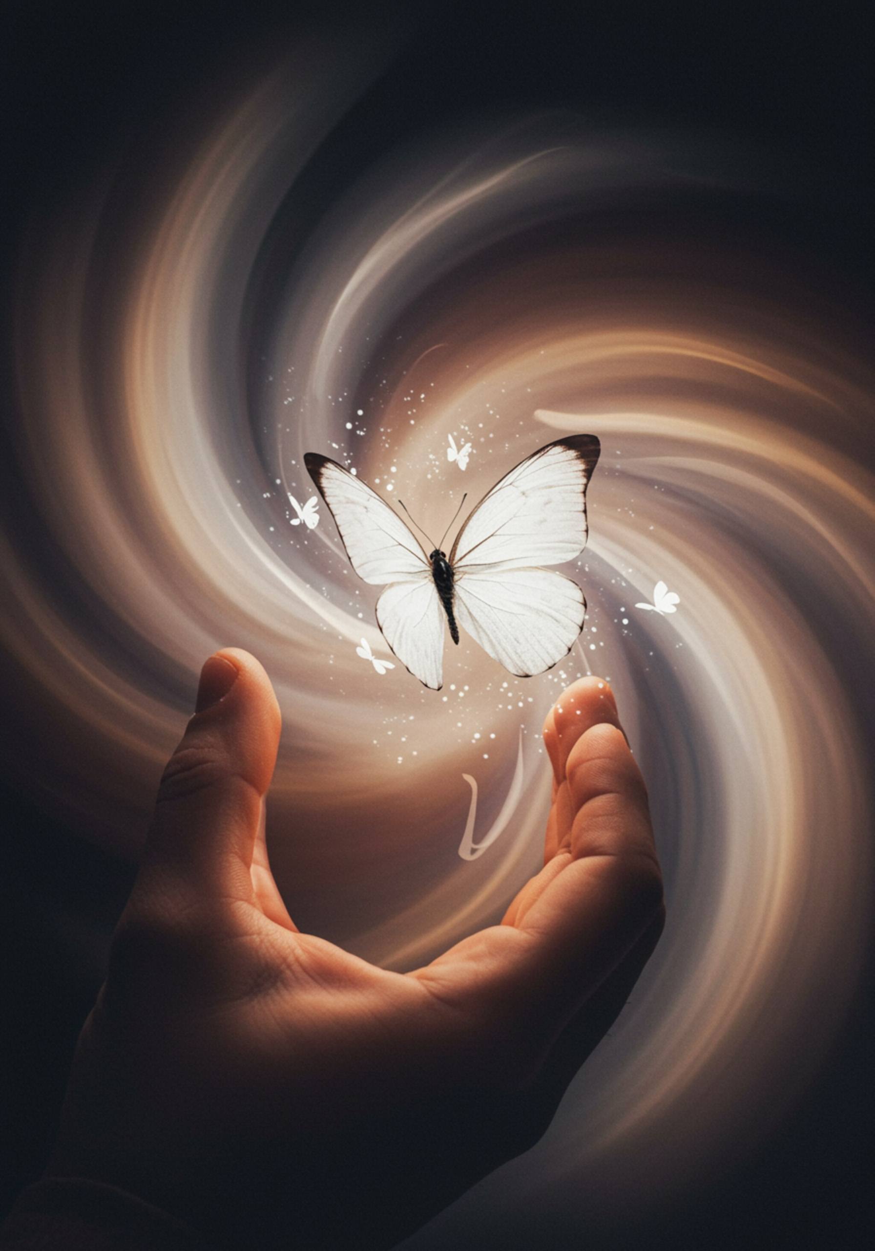 "Mariposa blanca emergiendo de formas pastel en acuarela, simbolizando el crecimiento personal y la recuperación de adicciones."