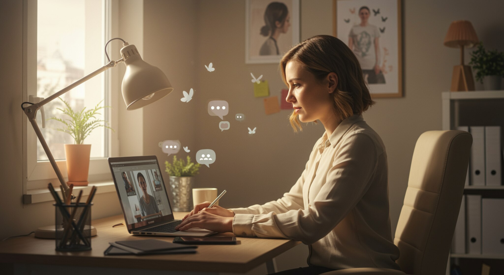 "Mujer en su oficina en casa, participando en una sesión de terapia virtual para la recuperación de adicciones, con luz natural y elementos que simbolizan la libertad y el crecimiento personal."