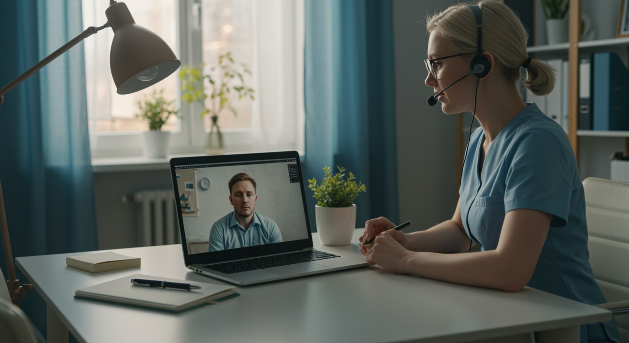 Imagen de una sesión de teleterapia moderna y calmada, donde un terapeuta femenino escucha atentamente a un cliente masculino, destacando la empatía y el entorno acogedor que promueve la recuperación de adicciones.